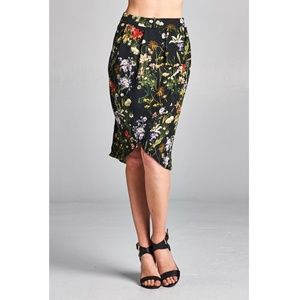Black Floral Print Tulip Skirt